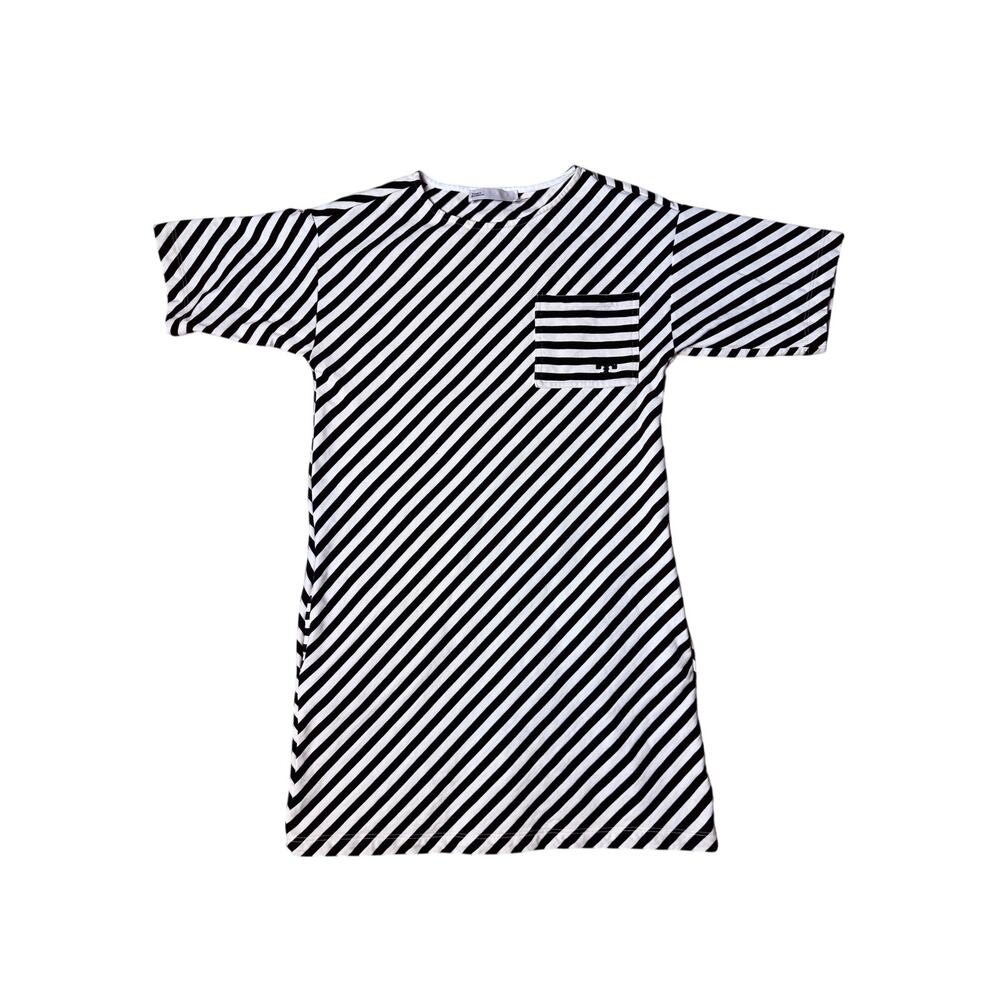 Tory Burch Womens XS Black White Striped Cotton Tee Shift Dress Pocket Logo